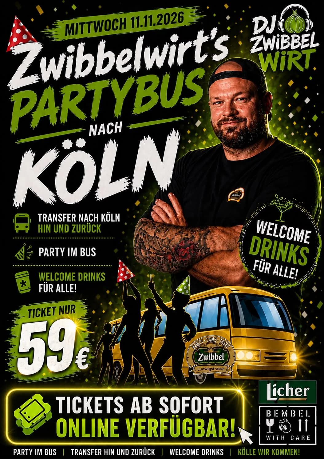 Plakat: Zwibbelwirt's Partybus nach Köln am 11. November 2026, Ticket 59 Euro